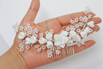 Swarovski Crystals Large Ceramic White flower & Tiny Baby Pink Flowers, Bridal Hair piece, Bridal Hair Accessories, Wedding Hair Accessory.